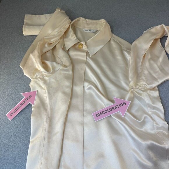 St. John Ivory Silk Button-Up Blouse Size 14 Long Sleeves Gold Buttons FLAWED - Picture 14 of 16